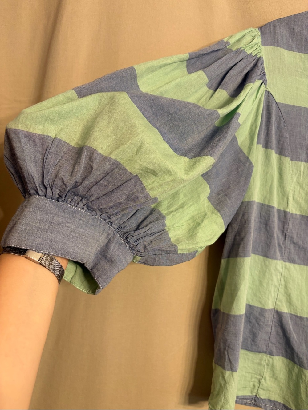 Tawni Haynes Striped Tie-Neck Puff-Sleeve Blouse - Green and Blue - Picture 2 of 9